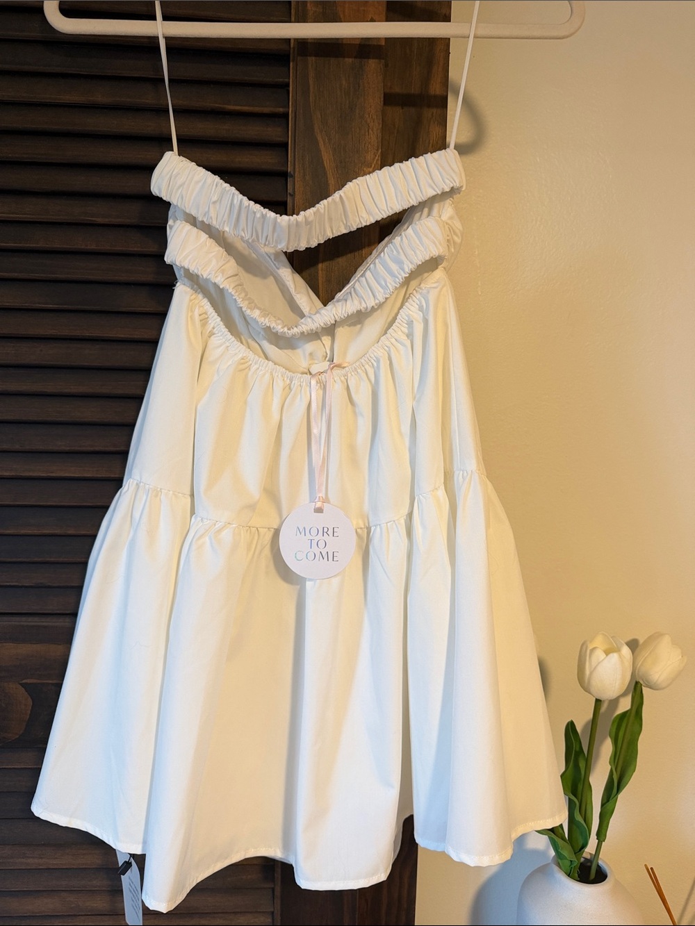 White Ruffled Tiered Mini Sundress with Drawstring Waist - Picture 2 of 3